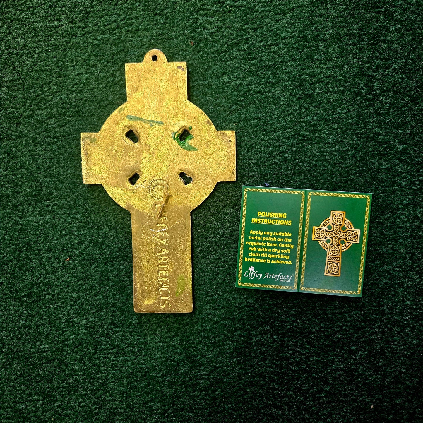 Brass Celtic Cross Green Celtic Detail