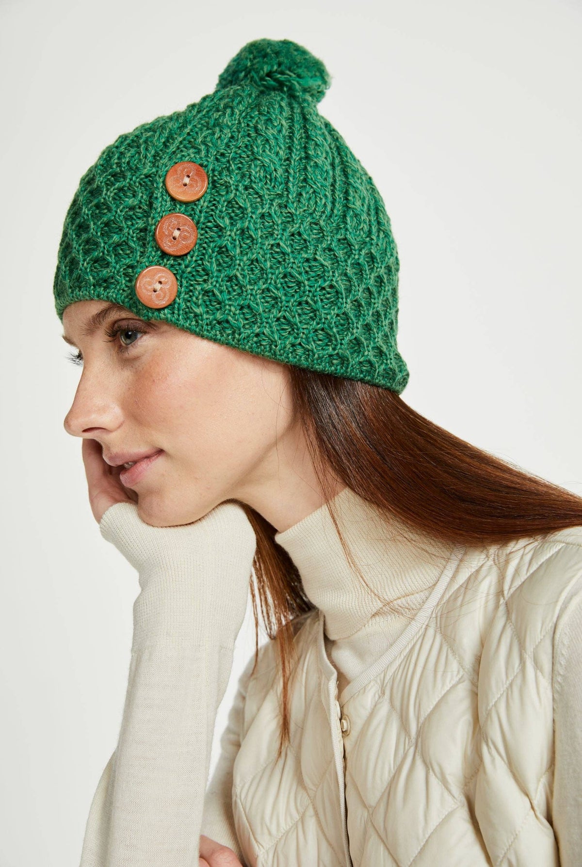 Shrule Merino Aran Hat with Pom Pom - Green