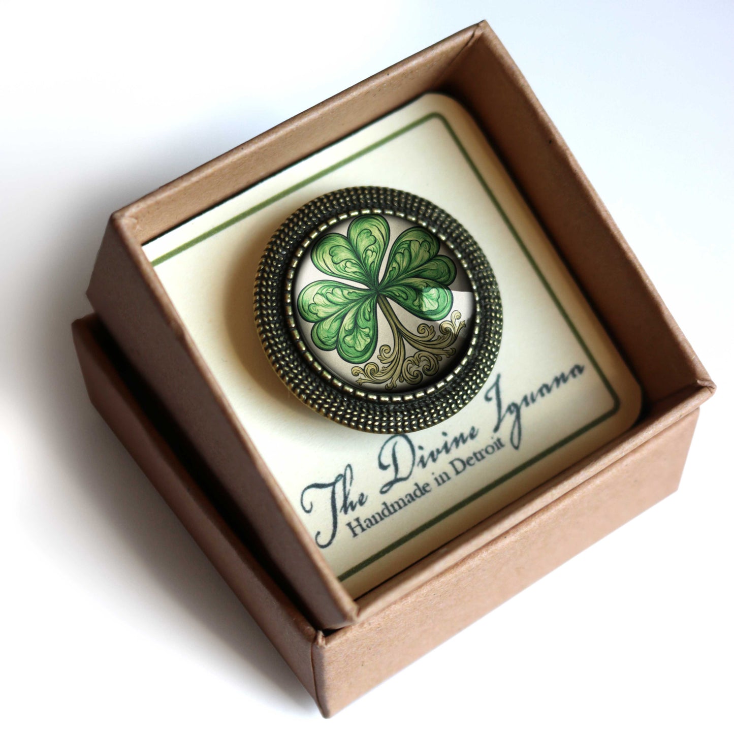 Classic Shamrock St. Patrick's Day Bronze and Glass Brooch