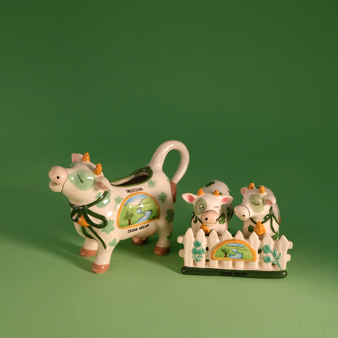 St Patrick Irish Cow Salt & Pepper Set with Dish