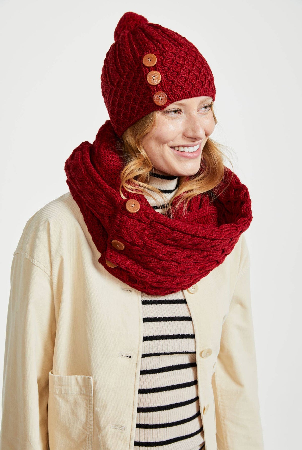 Shrule Merino Aran Hat with Pom Pom - Red