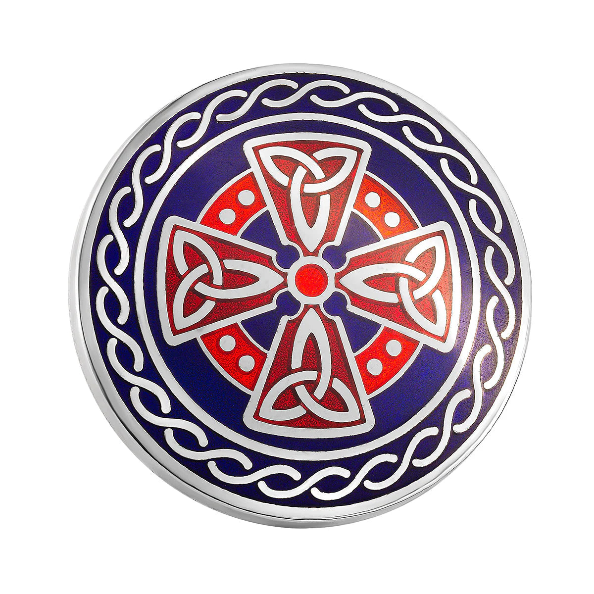 Rhodium BOK Blue & Red Enamel Round Cross Brooch