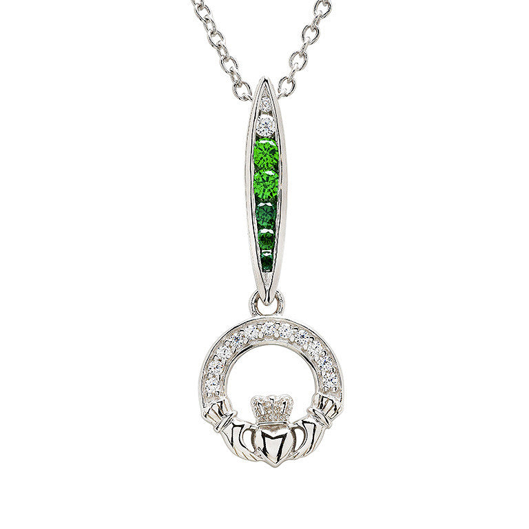 Sterling Silver Green/white CZ Claddagh Necklace