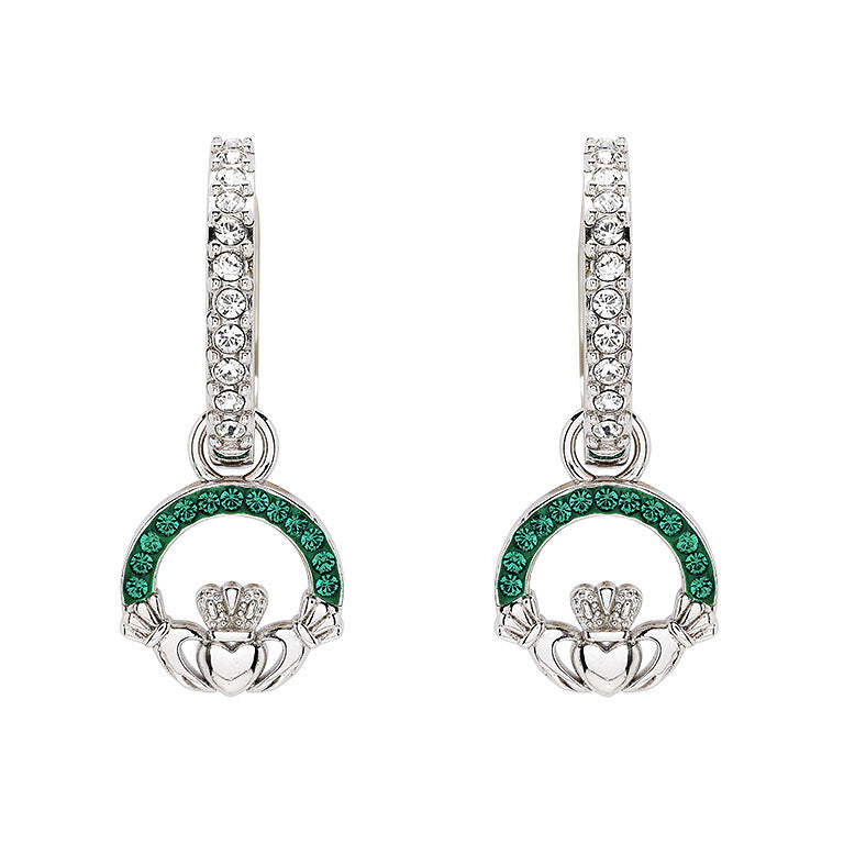 Sterling Silver Emerald Crystal Claddagh Earrings