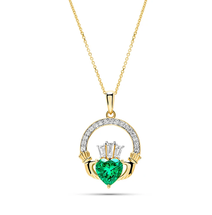 Shanore 14kt Gold Lab Emerald and Diamond Claddagh Medium Necklace