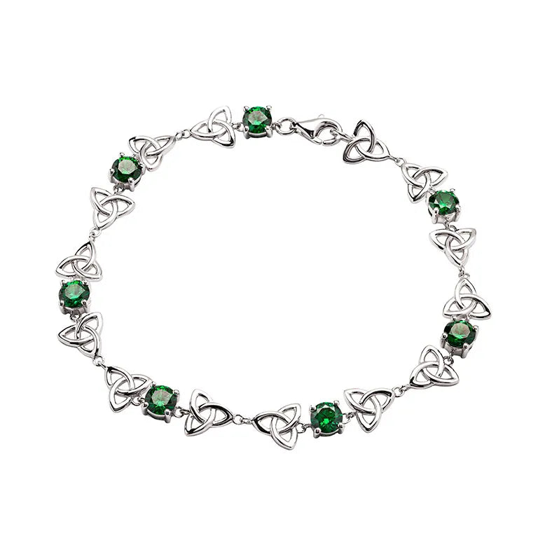 Sterling Silver Celtic Trinity Knot Bracelet with Emerald Green Cubic Zirconia Beads