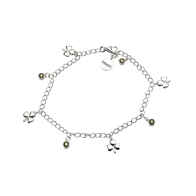 Sterling Silver Irish Shamrock Bracelet with Green Peridot Cubic Zirconia Charms