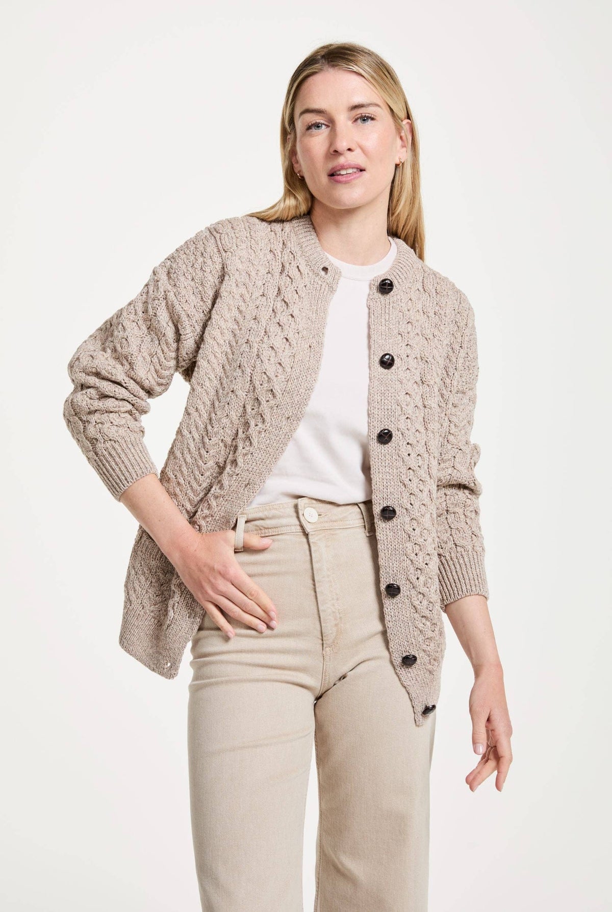 Achill Island Ladies Merino Aran Cardigan - Oat