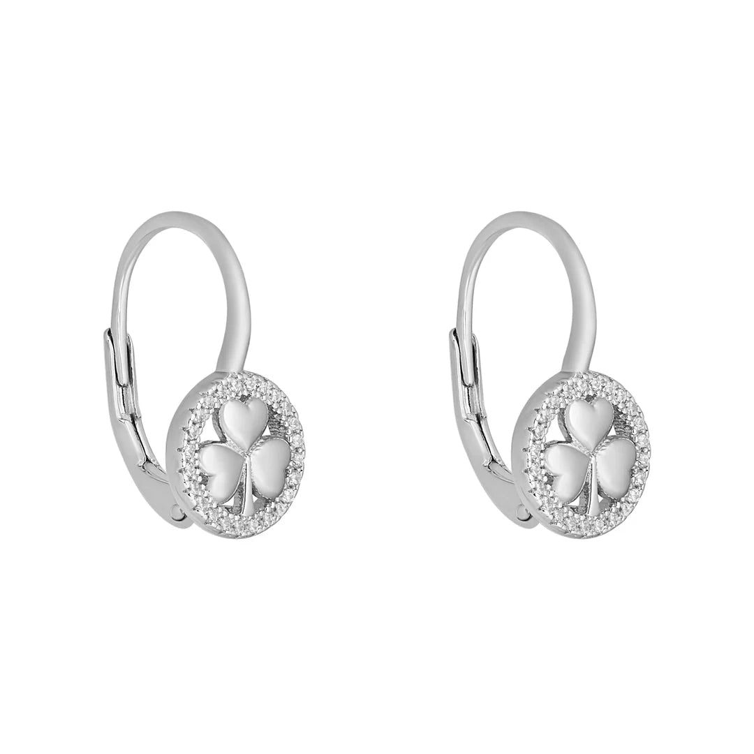 Solvar Sterling Silver CZ Round Shamrock Huggie Earrings