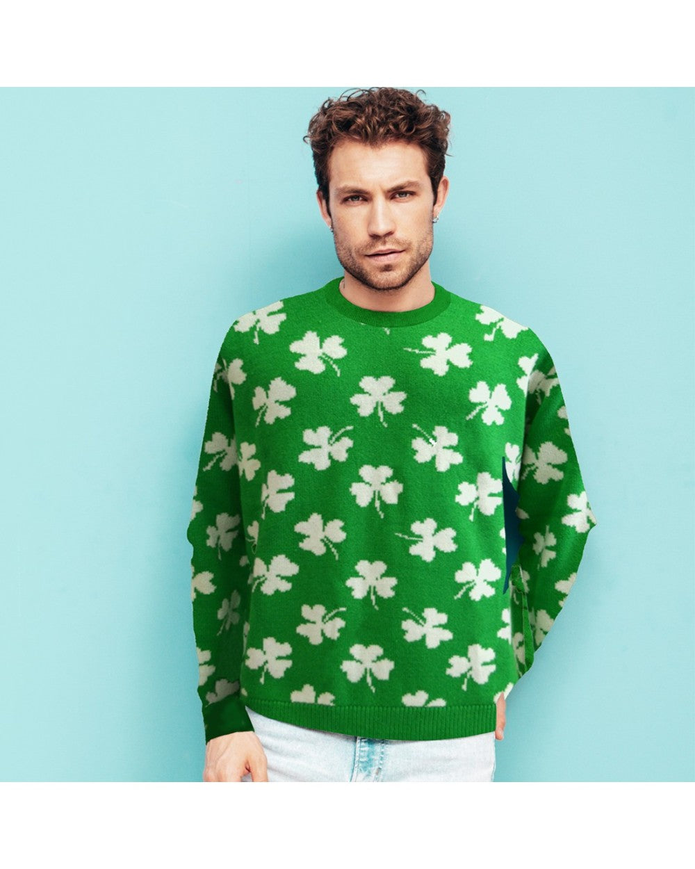Shamrock Print Knit Adults Jumper in Green & Cream