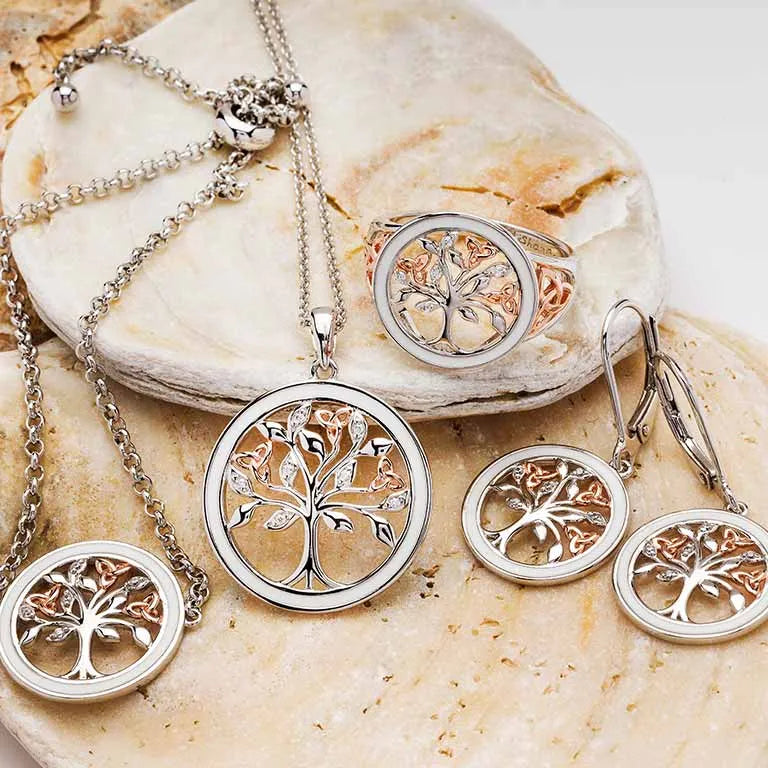 Sterling Silver Celtic Tree of Life Necklace with Enamel, Cubic Zirconia and Rose Gold Detail