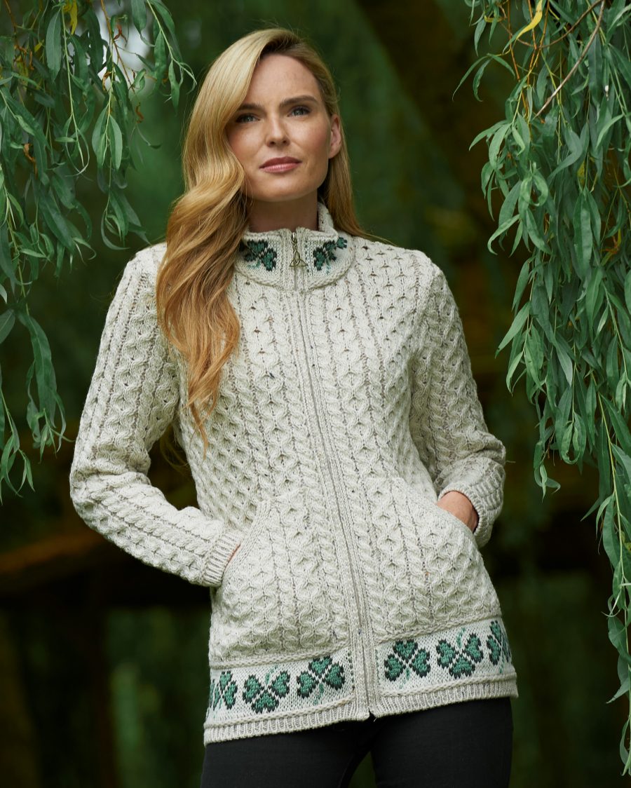Traditional Aran Zip Shamrock Sweater