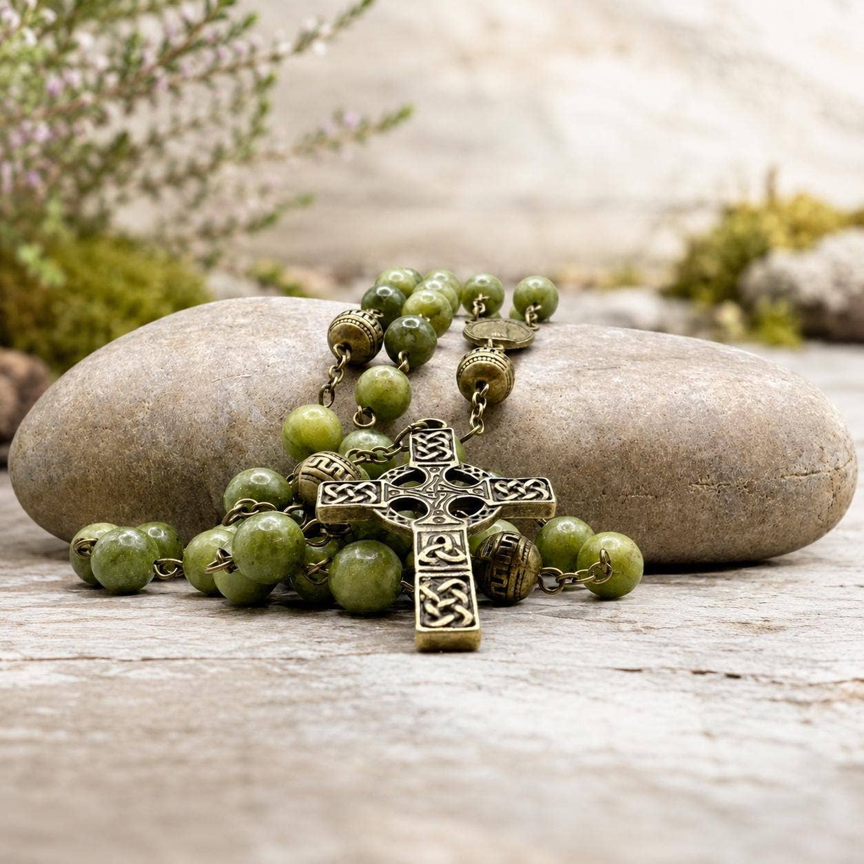 Green Jade Celtic Cross Catholic Rosary