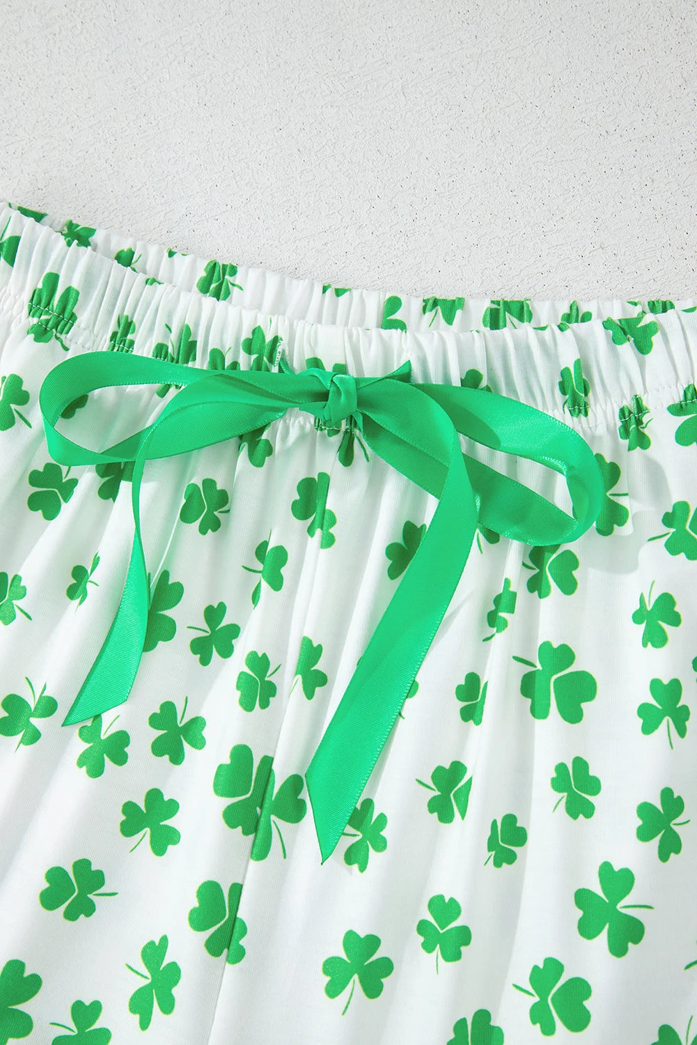 Green St Patrick's Day Clover Print Shirt and Ruffle Hem Shorts Pajama Set