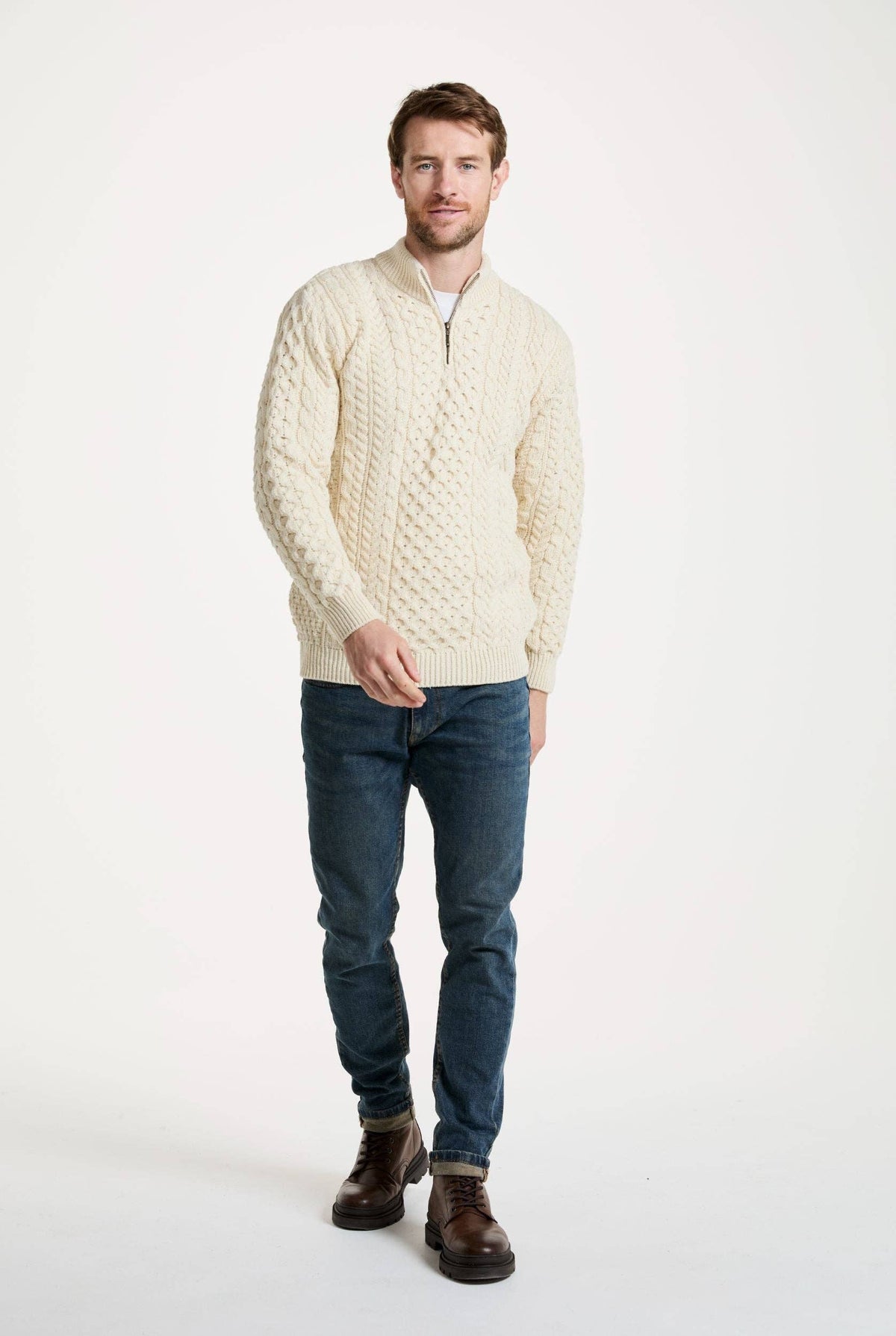 Ballycroy Mens Merino Aran Half Zip Sweater - Cream