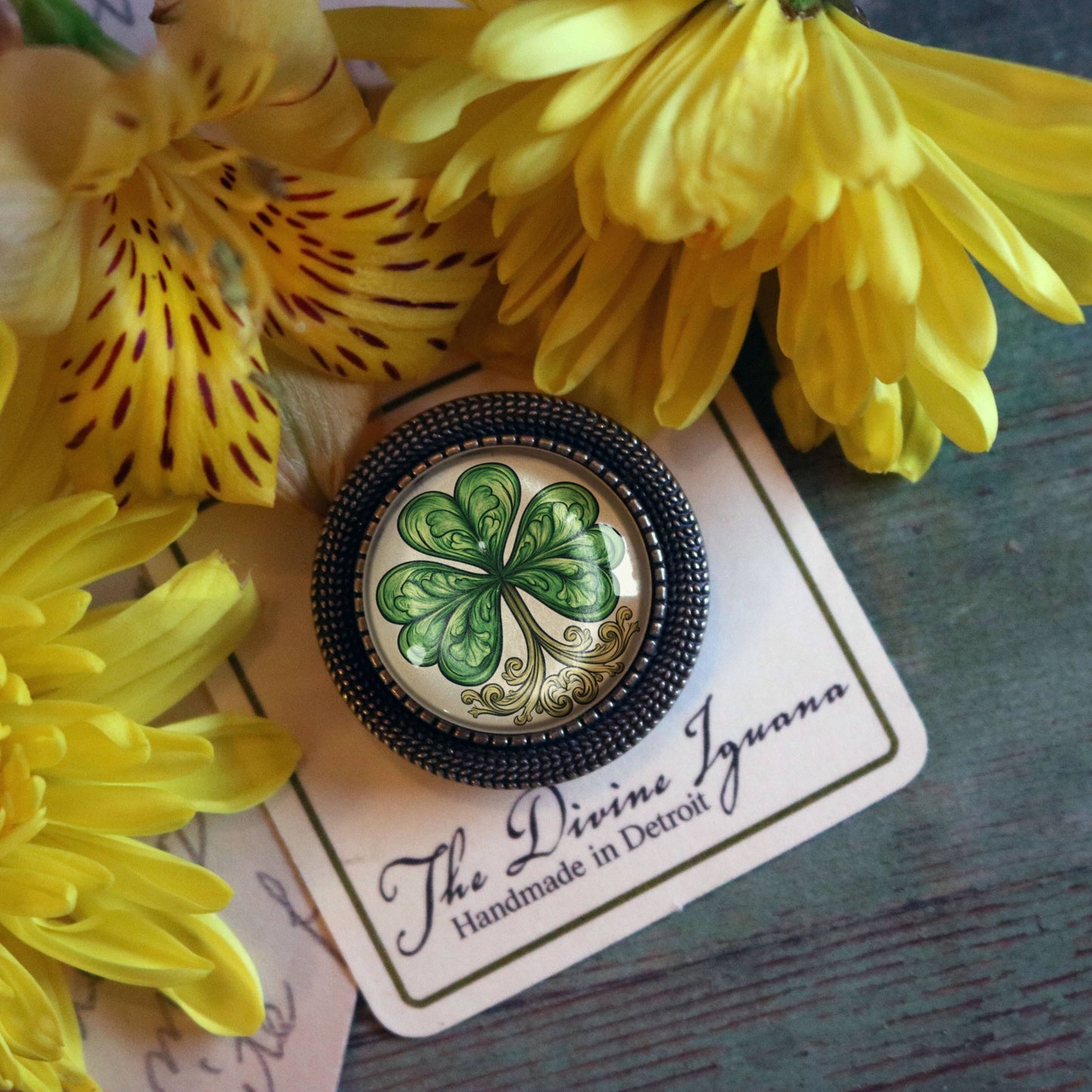 Classic Shamrock St. Patrick's Day Bronze and Glass Brooch