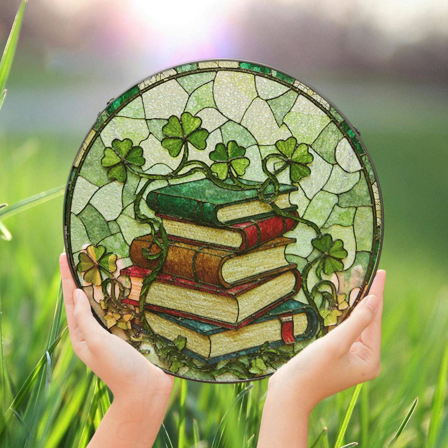 Stack of Books Clover Glass Suncatcher, Teacher Librarian