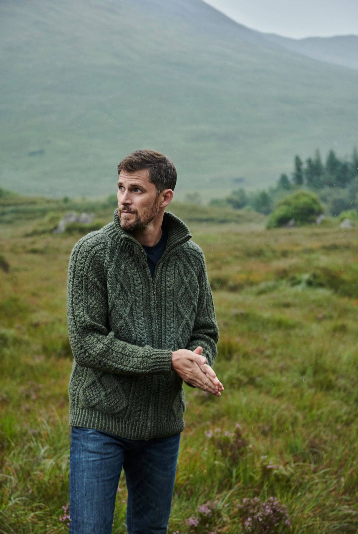 Brannock Men's Aran Zipper Cardigan - Green