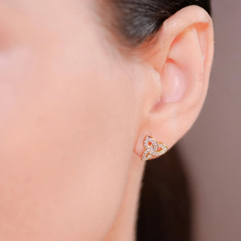 Shanore 14KT Gold Vermeil Stud Trinity Knot Earrings Adorned with White Cubic Zirconias