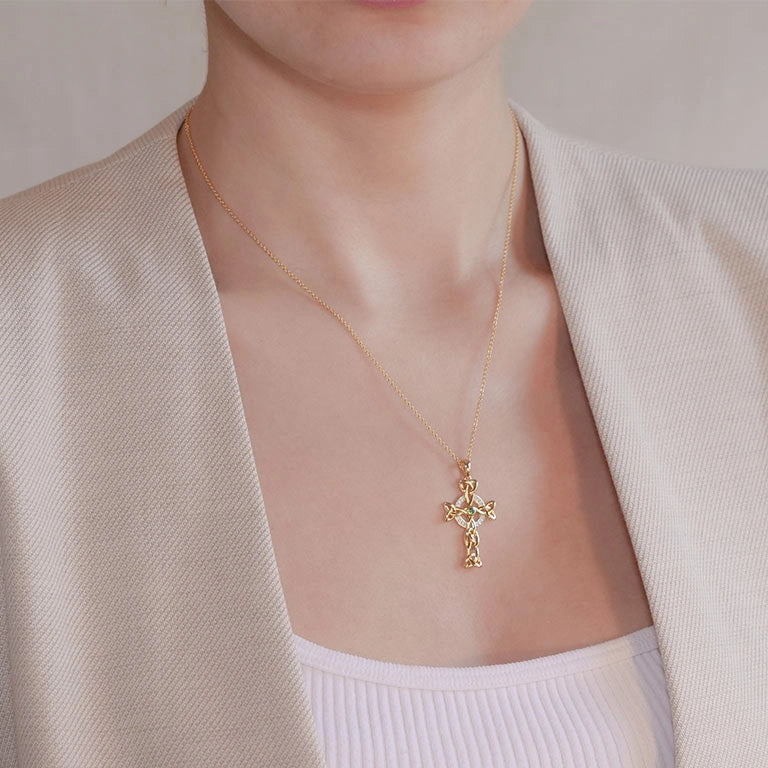 Shanore 14KT Gold Vermeil Emerald Celtic Cross Necklace embellished with White Cubic Zirconias