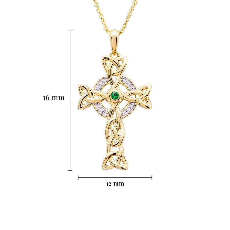Shanore 14KT Gold Vermeil Emerald Celtic Cross Necklace embellished with White Cubic Zirconias