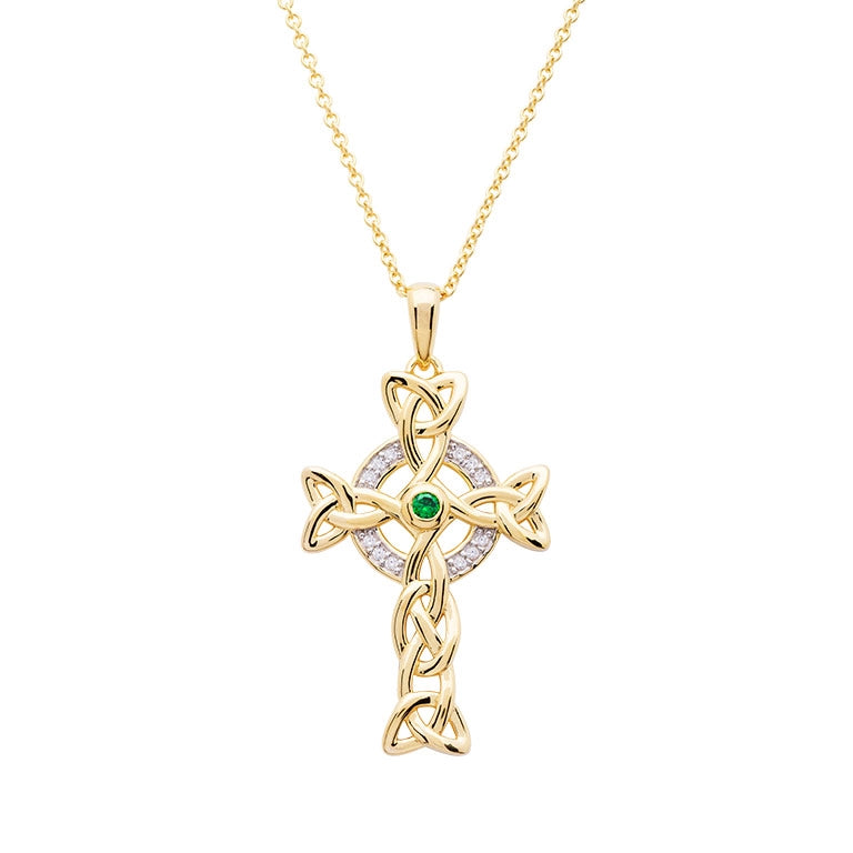 Shanore 14KT Gold Vermeil Emerald Celtic Cross Necklace embellished with White Cubic Zirconias