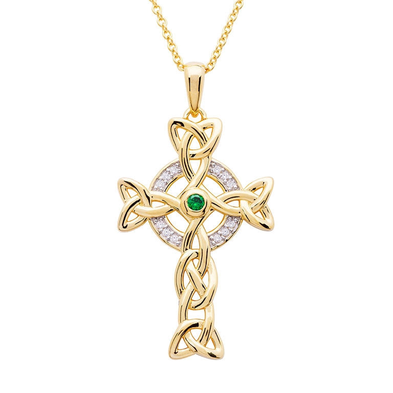 Shanore 14KT Gold Vermeil Emerald Celtic Cross Necklace embellished with White Cubic Zirconias
