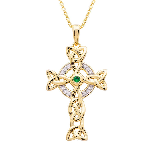 Shanore 14KT Gold Vermeil Emerald Celtic Cross Necklace embellished with White Cubic Zirconias