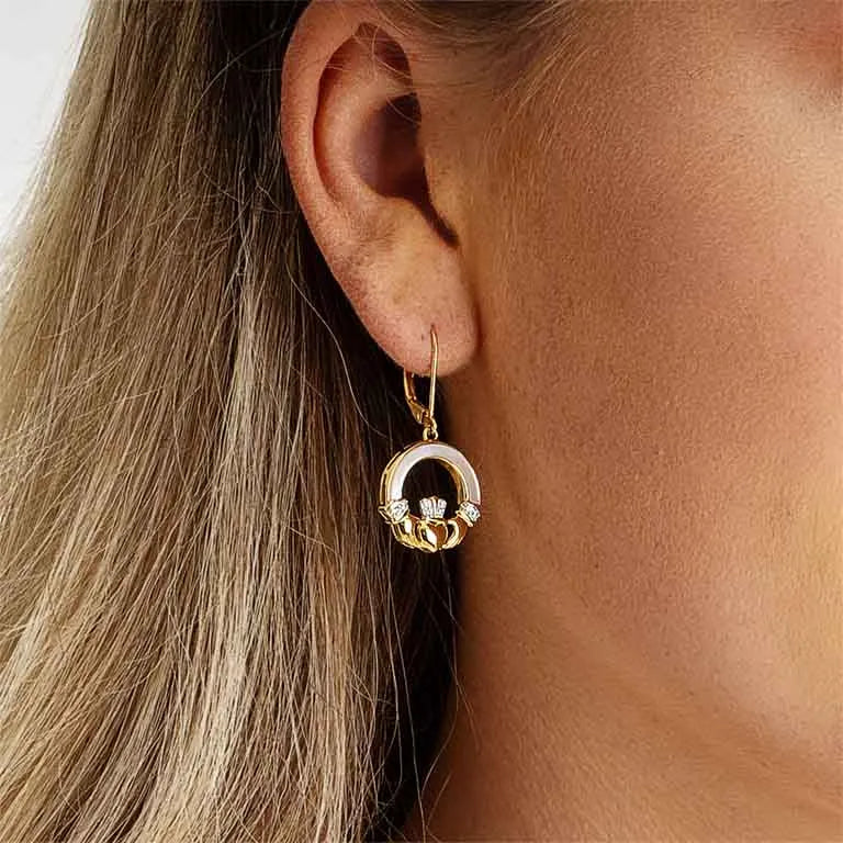Shanore 14kt Gold Vermeil Mother of Pearl Claddagh Earrings with White Cubic Zirconia