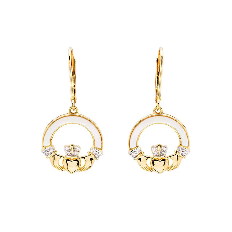 Shanore 14kt Gold Vermeil Mother of Pearl Claddagh Earrings with White Cubic Zirconia