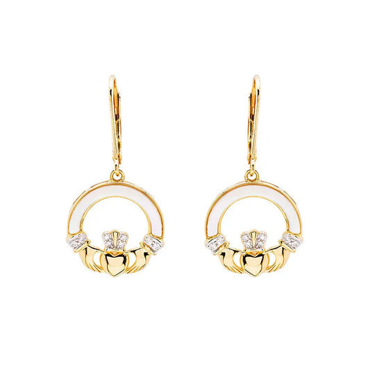 Shanore 14kt Gold Vermeil Mother of Pearl Claddagh Earrings with White Cubic Zirconia