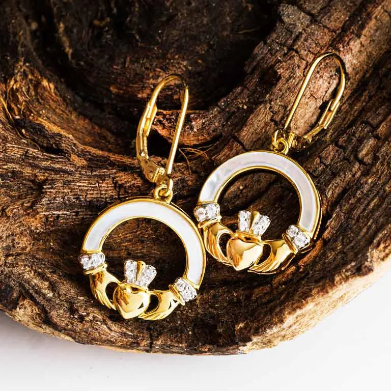 Shanore 14kt Gold Vermeil Mother of Pearl Claddagh Earrings with White Cubic Zirconia
