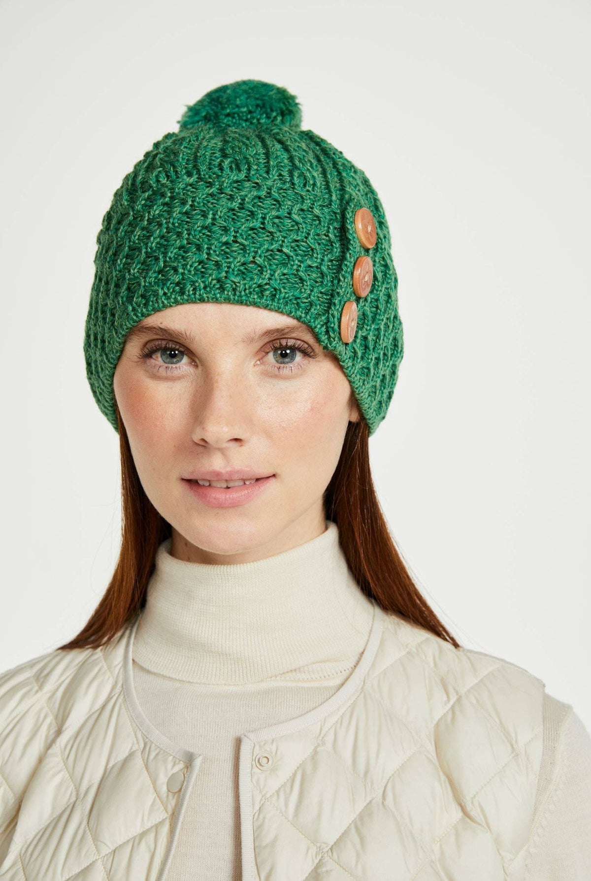 Shrule Merino Aran Hat with Pom Pom - Green