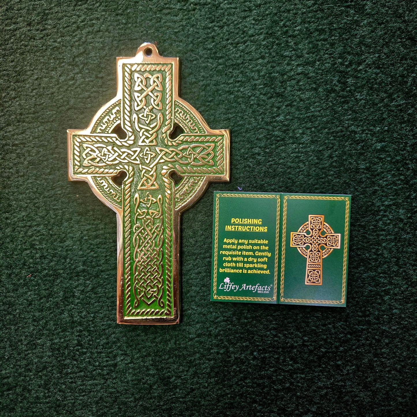 Brass Celtic Cross Green Celtic Detail