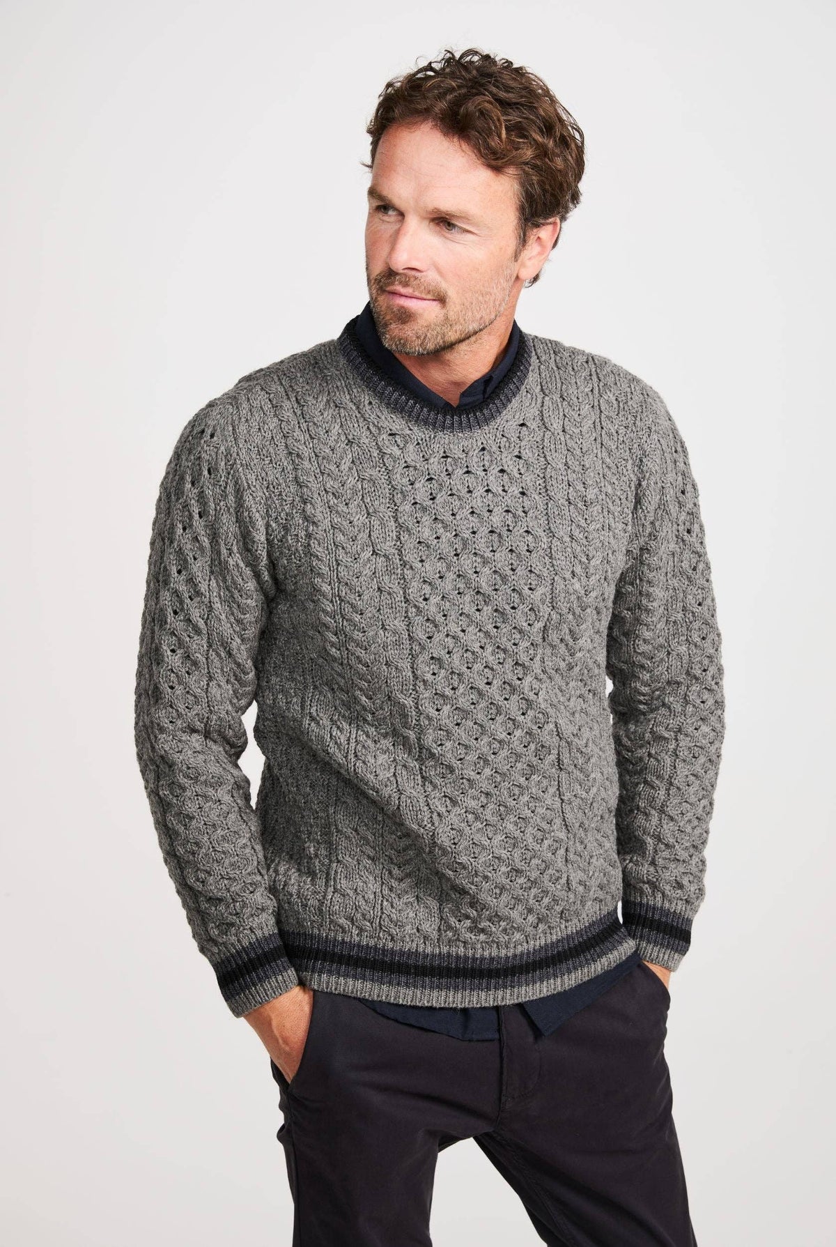 Inishbeg Mens Stripe Crewneck Merino Sweater - Grey