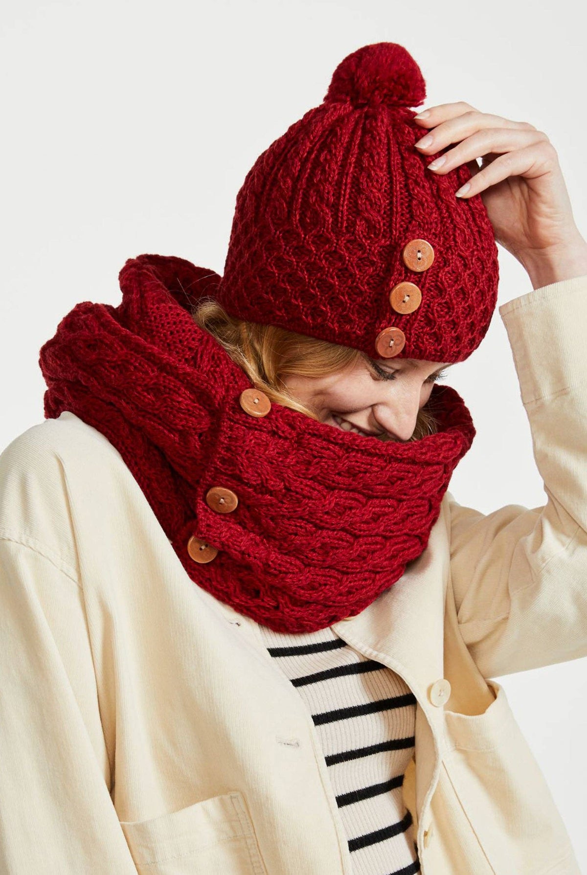 Shrule Merino Aran Hat with Pom Pom - Red