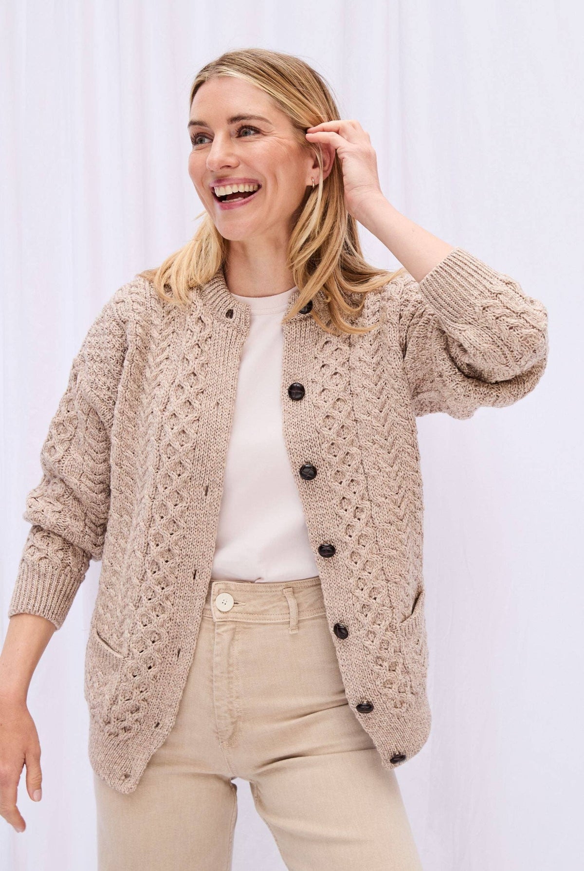 Achill Island Ladies Merino Aran Cardigan - Oat