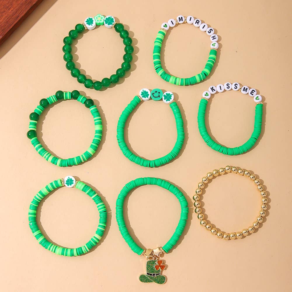 St. Patrick's Day Women Green Clover Smiley Beaded Bracelet