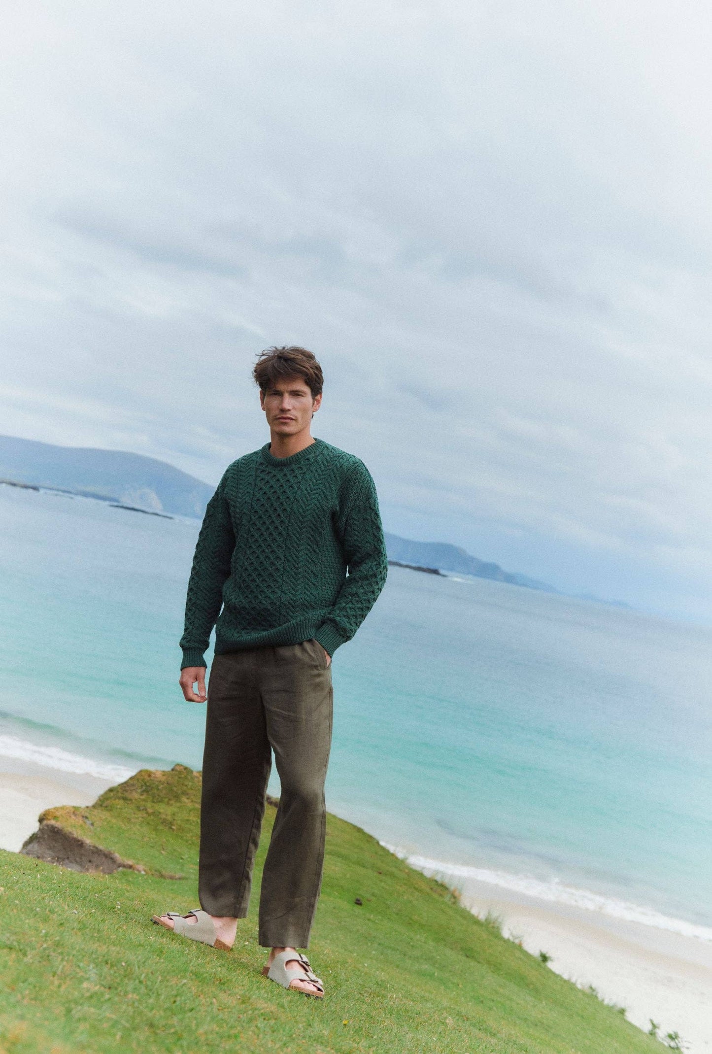 Inisheer Traditional Mens Aran Sweater -  Green