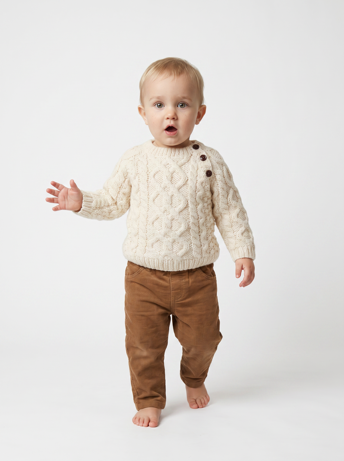 Shepley Baby Aran Wool Crew Neck Sweater - Cream
