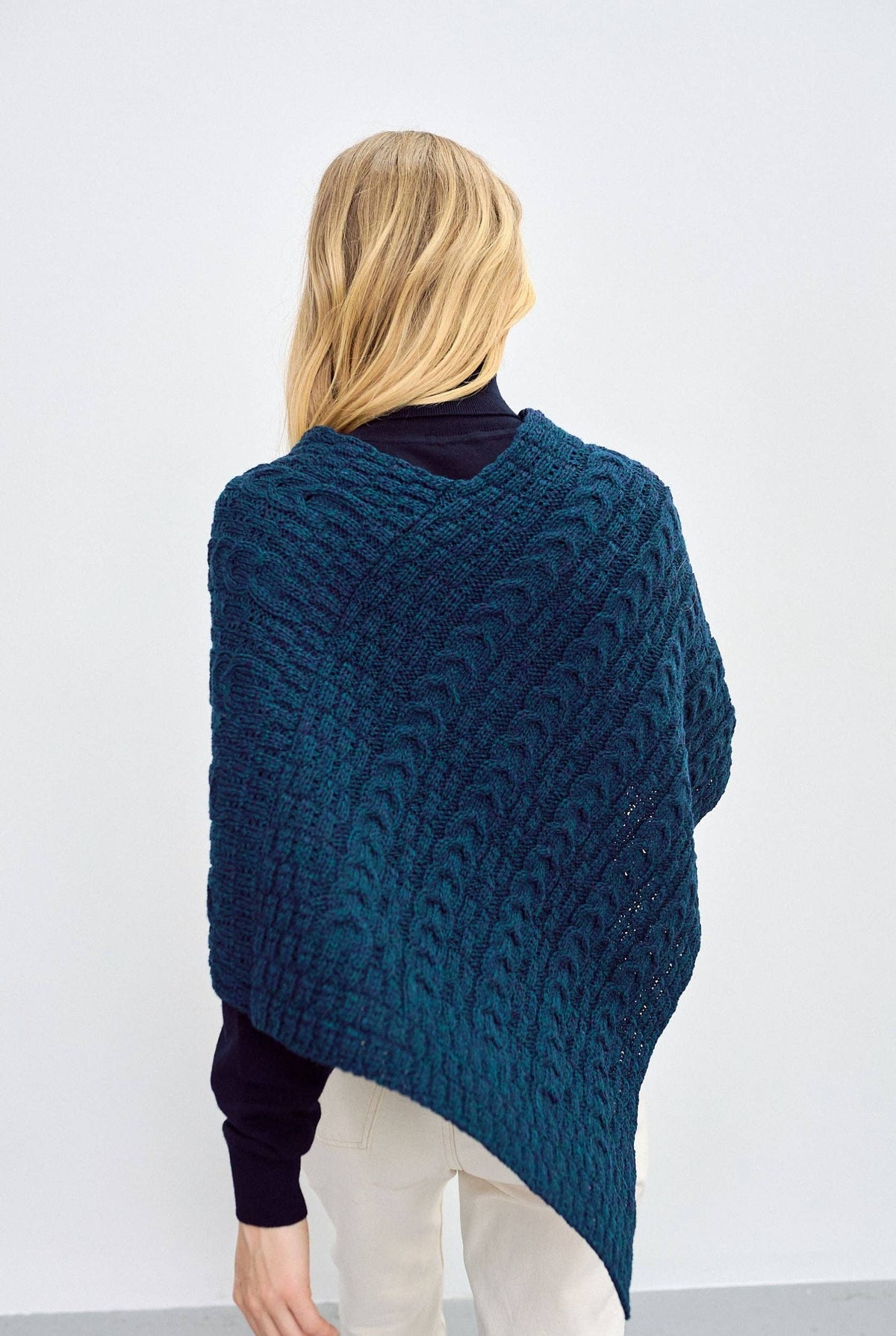 Glencar Ladies Classic Merino Aran Poncho - Atlantic