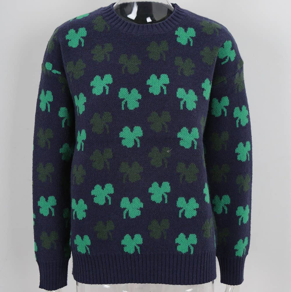 Clover Jacquard Trendy Crew Neck Knitted Sweater