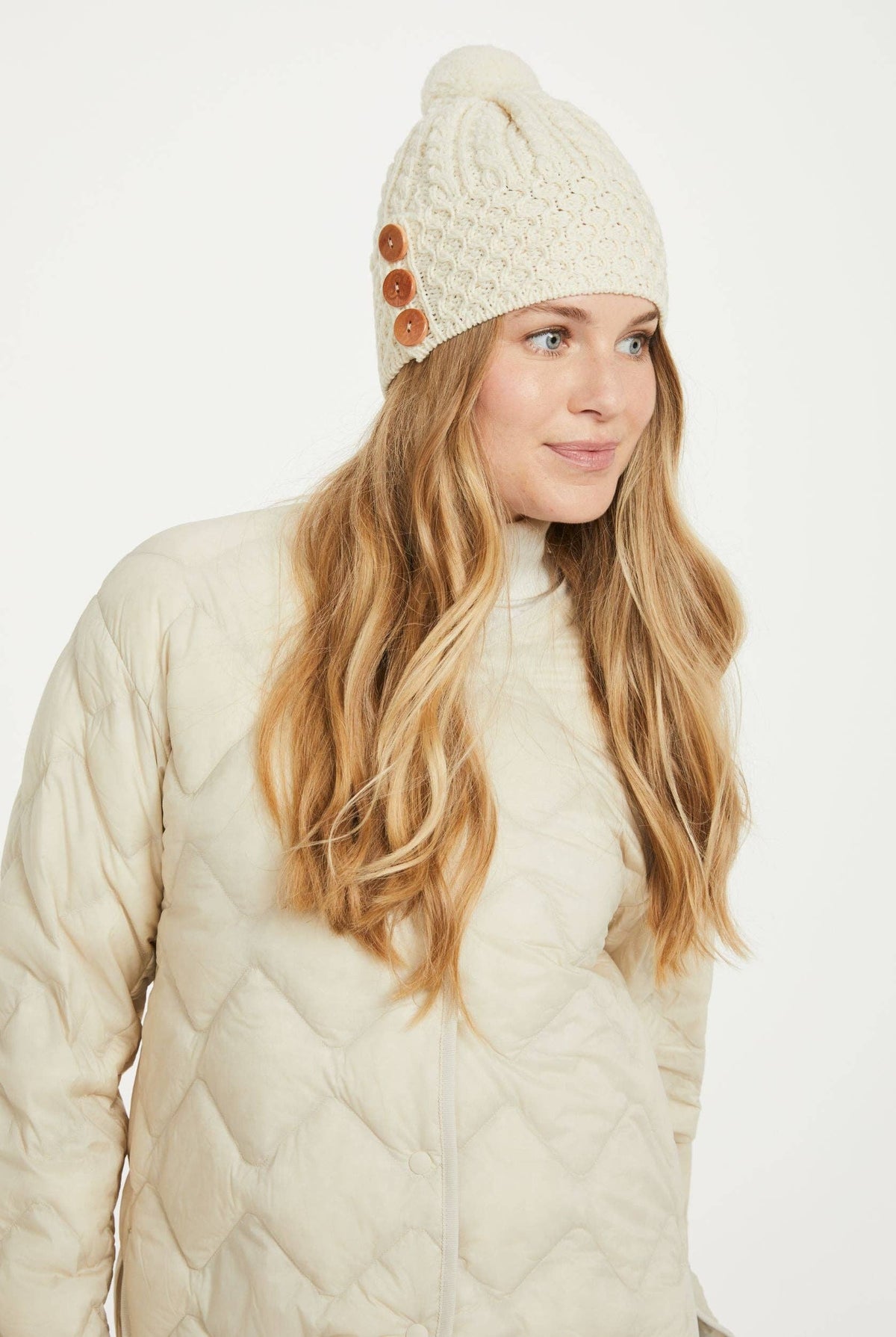 Shrule Merino Aran Hat with Pom Pom - Cream