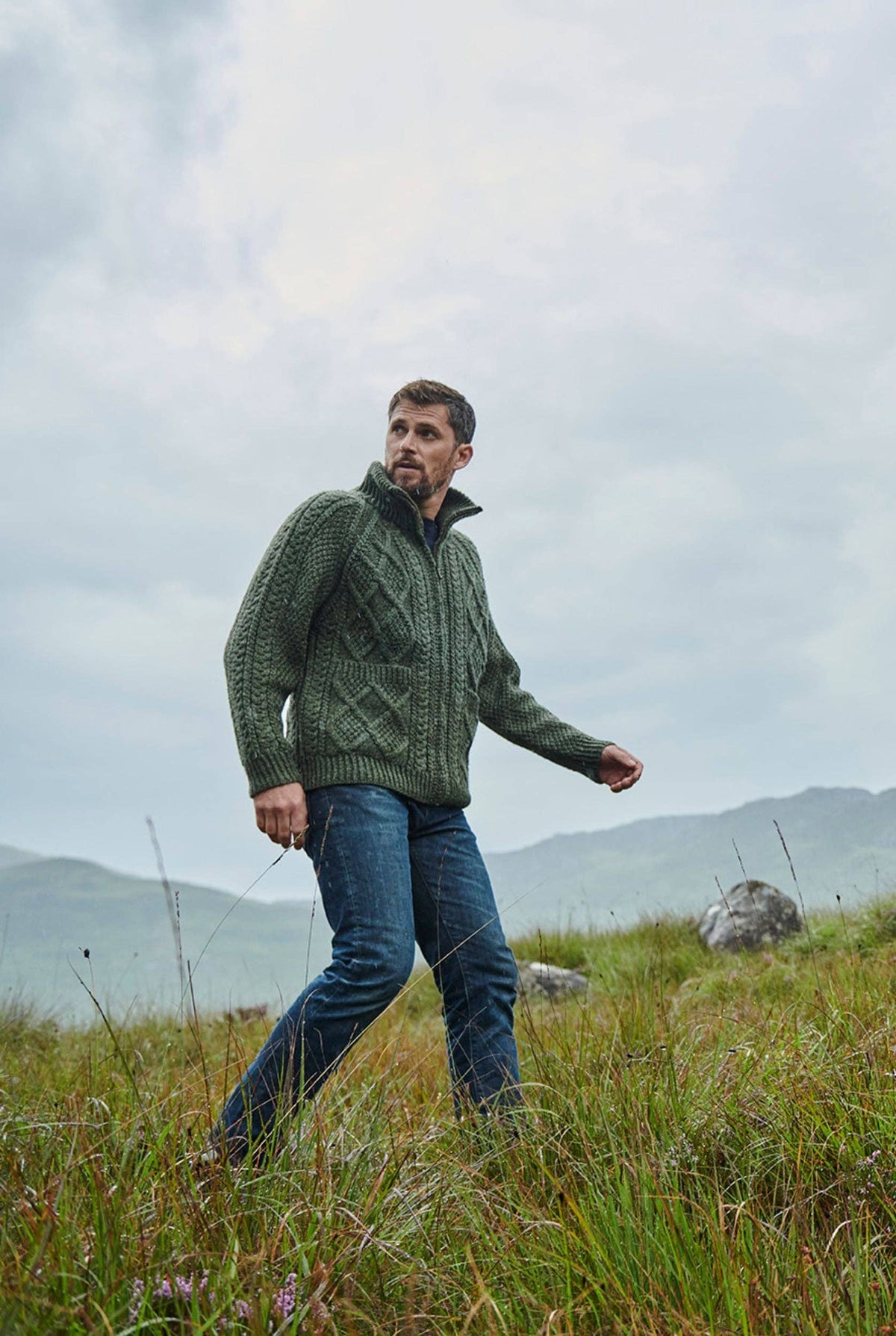 Brannock Men's Aran Zipper Cardigan - Green
