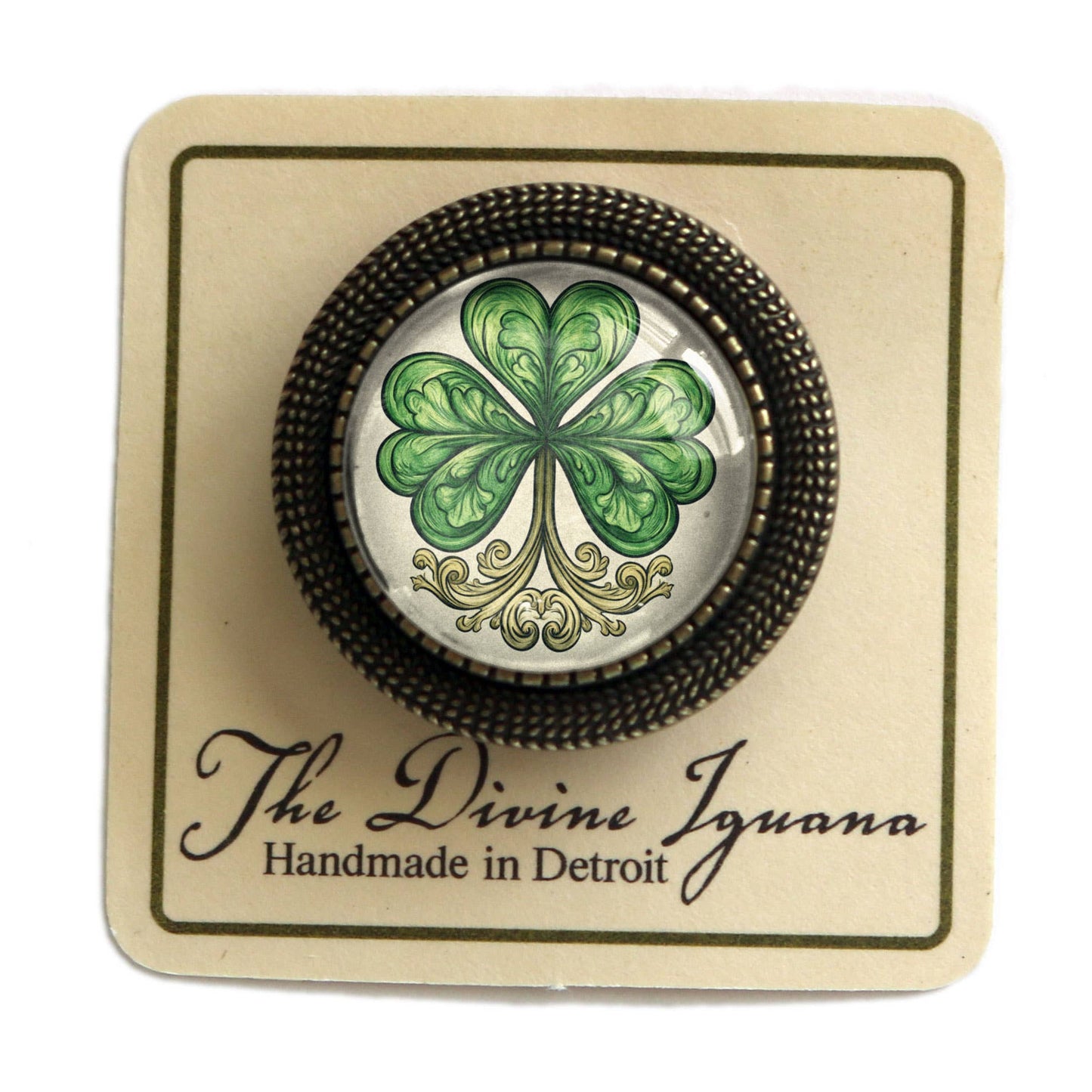 Classic Shamrock St. Patrick's Day Bronze and Glass Brooch