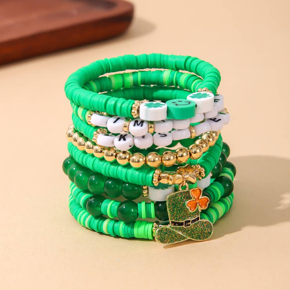 St. Patrick's Day Women Green Clover Smiley Beaded Bracelet