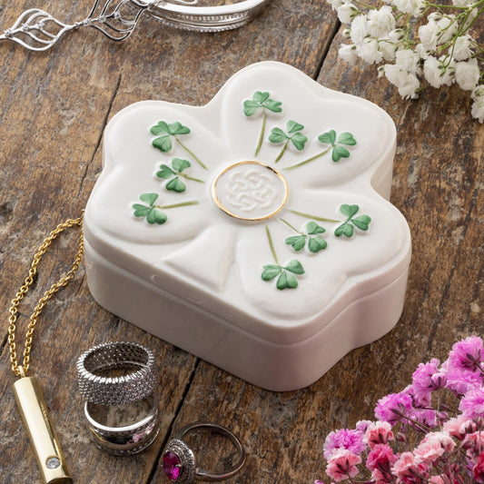 Belleek Classic Shamrock Shaped Trinket Box