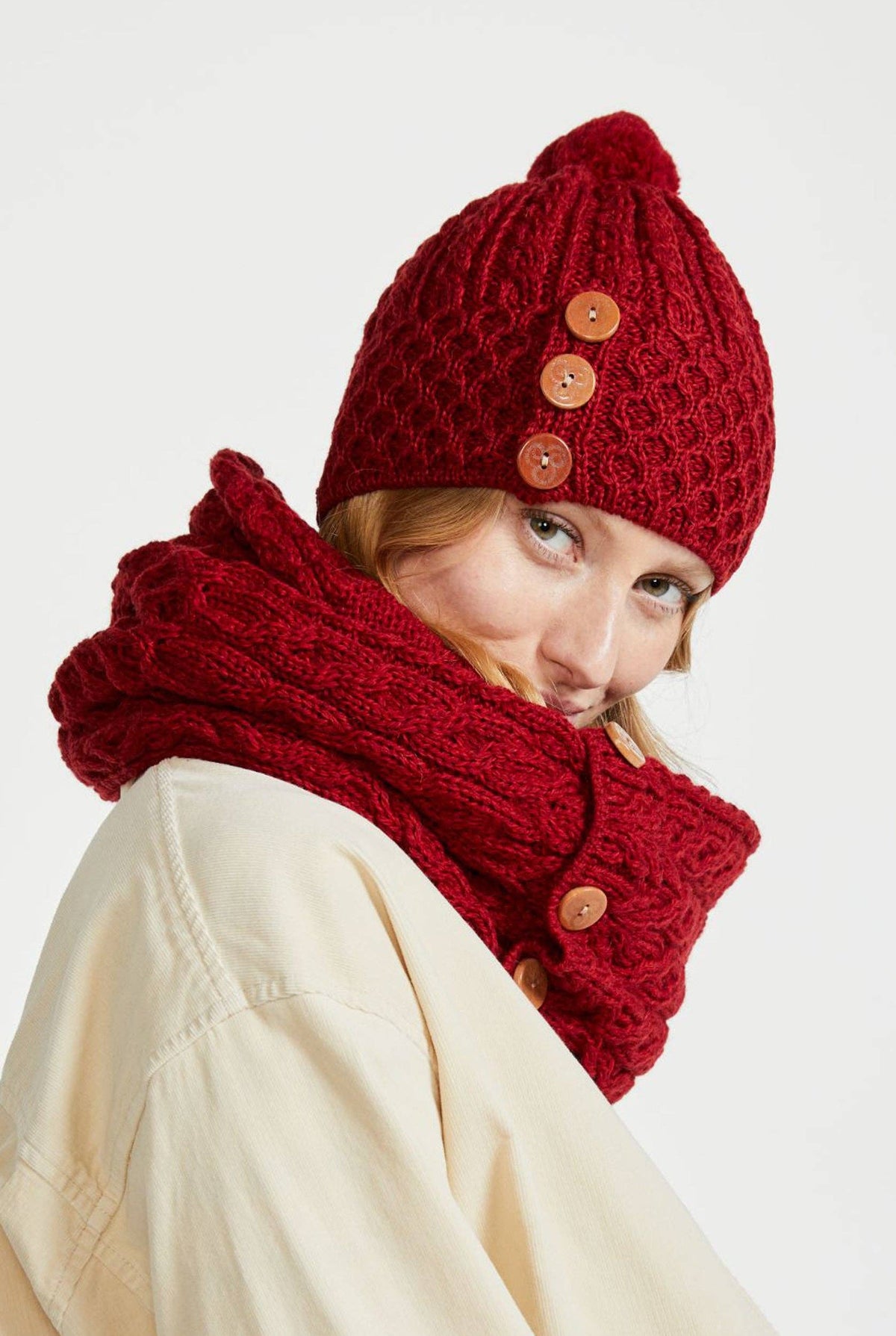 Shrule Merino Aran Hat with Pom Pom - Red