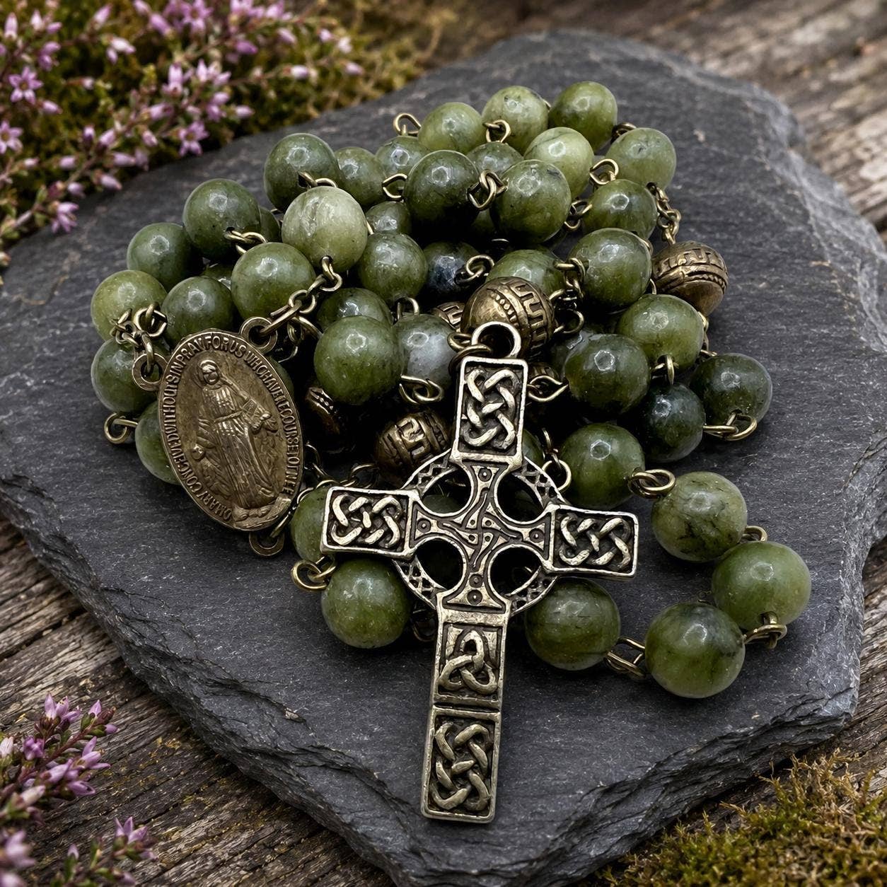 Green Jade Celtic Cross Catholic Rosary