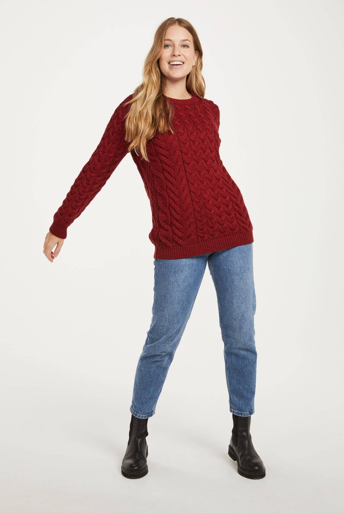 Omey Ladies Aran Crew Neck Sweater - Rua Red